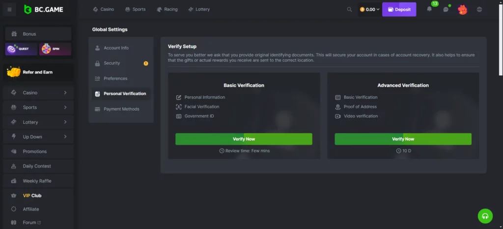 BC Game Account Verification